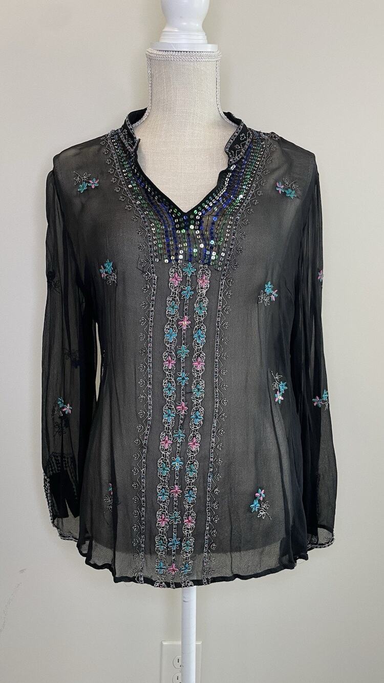 Silkland 100% Silk Embroidered Beaded Sequined Blouse Sheer Rainbow Black L